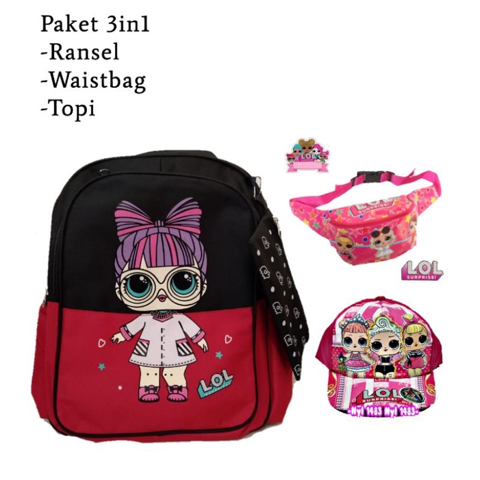 Tas ransel anak sekolah motif kartun lool bonus topi tas waisbag