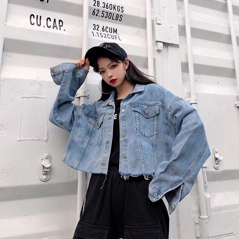 Jaket Jeans Denim Crop Oversize LD 100 - 140 cm I Jaket Sandwash Snow Acid Bianca I Cropped Denim Jacket | jaket jumbo | jaket korean oversize | jaket jeans oversize | jaket jumbo