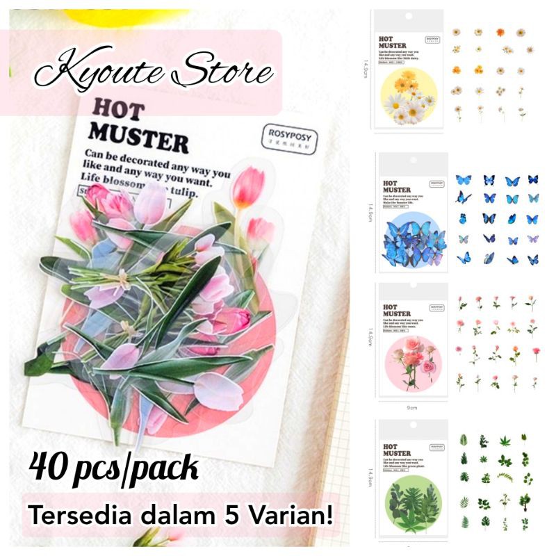 

40 pcs Sticker Transparan Waterproof - Motif Bunga & Daun Aesthetic untuk Journal Scrapbook Kado