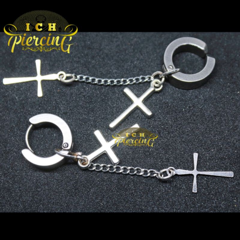 anting tindik dan jepit model salip dobel silver / anting tindik dan jepit silver titanium / DD-5 / ICH PIERCING