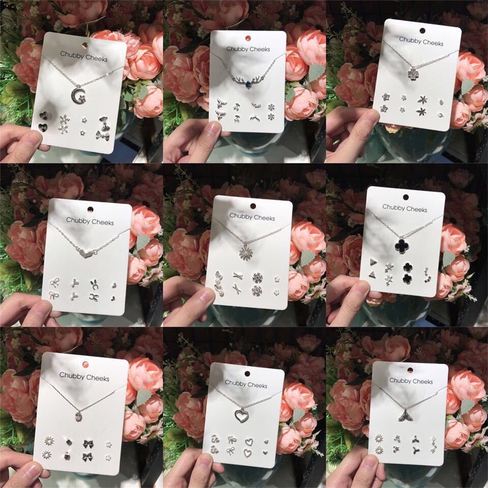 aaoottuuoo5.id [XIJING] 9 Buah Set Kalung dan Anting Mingguan Korea | Rantai Klavikula Berbentuk Hati Mutiara Empat Daun Bunga