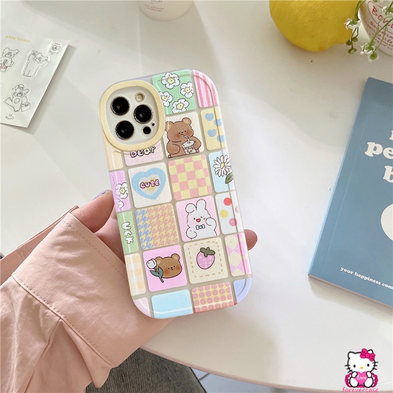 Ins Kotak-Kotak Soft Case Realme C53 C55 10 Pro Plus C30 C35 C17 C21Y C25Y 9i 9 8i 8 8Pro C25S C11 2021 C25 C31 C20 C12 C3 5i 6i 6 5 7 7i 6S Strawberry Kartun Beruang Kelinci Lucu Sarung