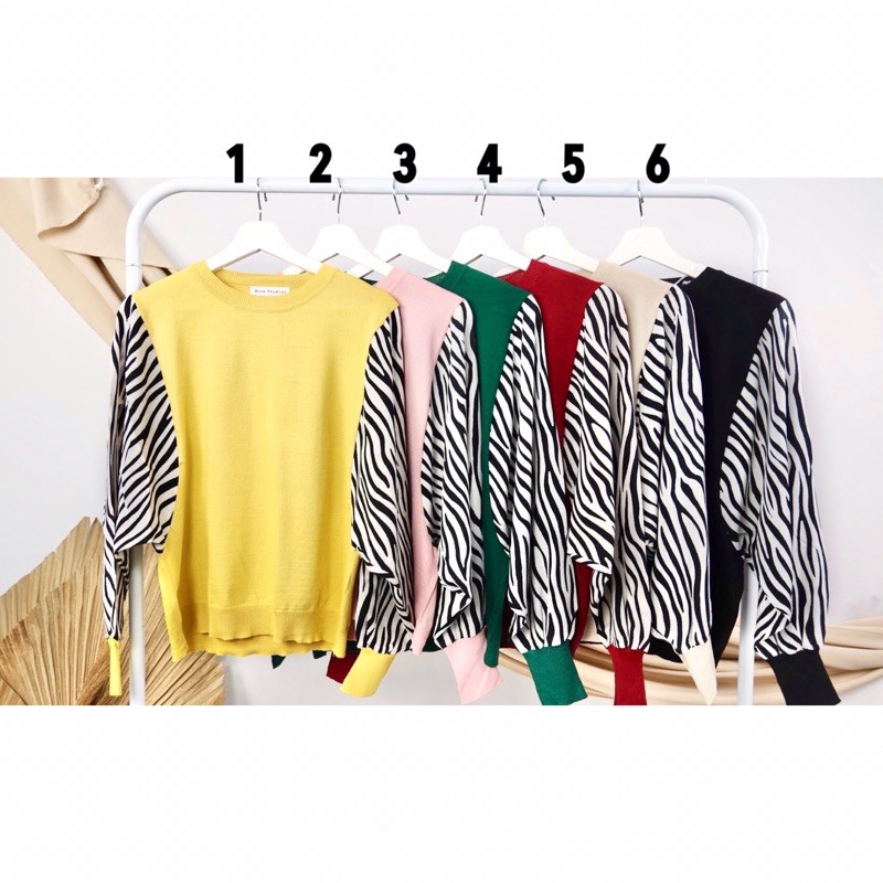 Zebra Knit Top / Atasan Sweater Rajut Baju Import Wanita Lengan Panjang Motif Animal Print