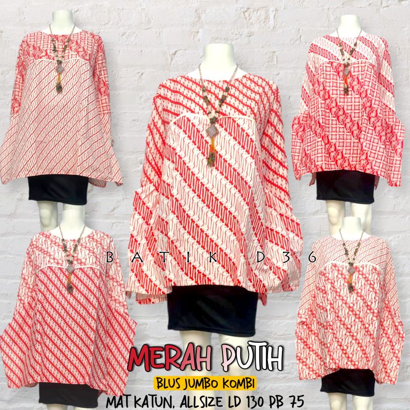 Jual Blus Jumbo Kombi Merah Putih Atasan Batik Wanita Big Size Xxxl Ld