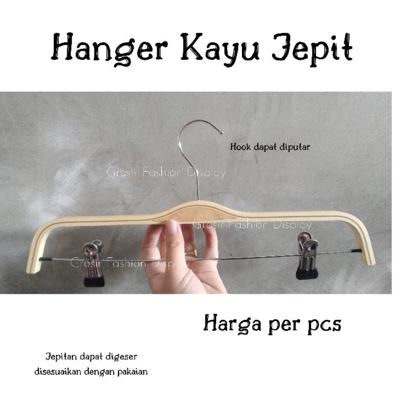 Hanger Kayu Natural Jepit Besi Gantungan Kayu Murah Hanger Rok Celana Palang Jepit (BH)