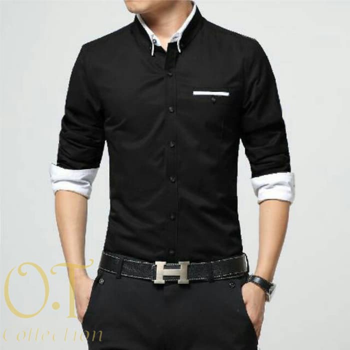 [MR Black OT] kemeja pria katun strech lengan panjang hitam