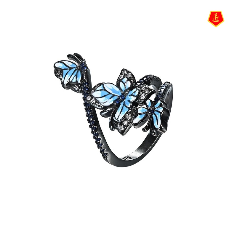 [Ready Stock]Three Butterfly Black Gold Ring Creative Elegant Ear Studs Suit for Women