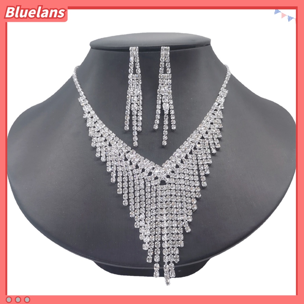 1 Set Kalung Choker Anting Rumbai Berlian Imitasi Model Hollow Out Shiny Untuk Pernikahan