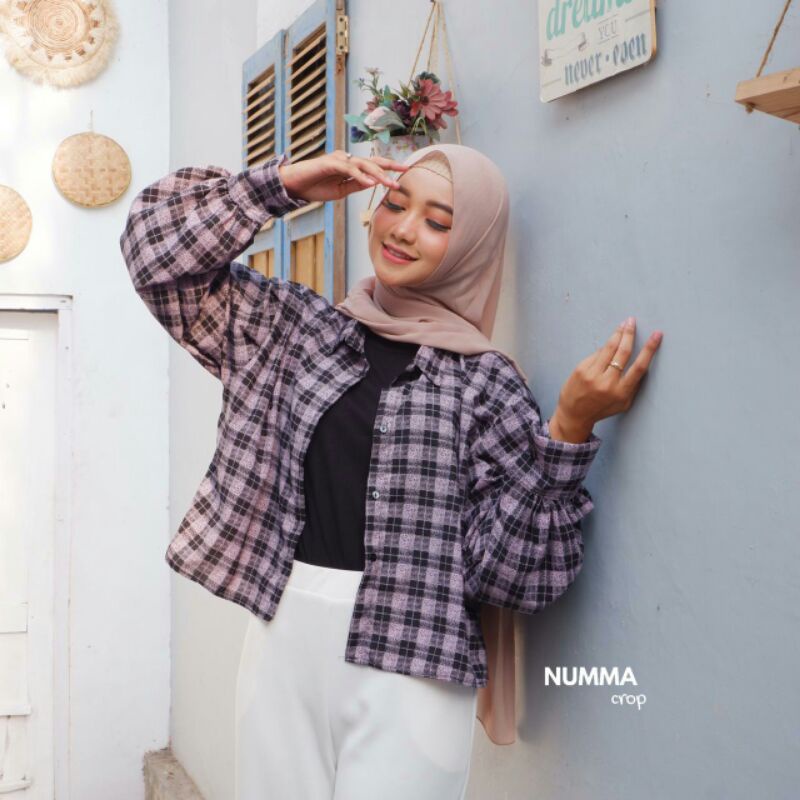 BLOUSE Bisa COD/Bayar ditempat/Gratis Ongkir  || Blouse TARTAN LENGAN BALON MIZU KOREAN STYLE | KEMEJA FLANEL WANITA NUMMA/KEMEJA CROP LENGAN PANJANG TARTAN-Numma Prple nude lma