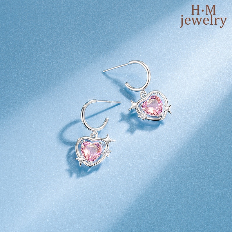 Anting Tusuk Bentuk Hati Aksen Berlian Imitasi Warna Pink Untuk Wanita