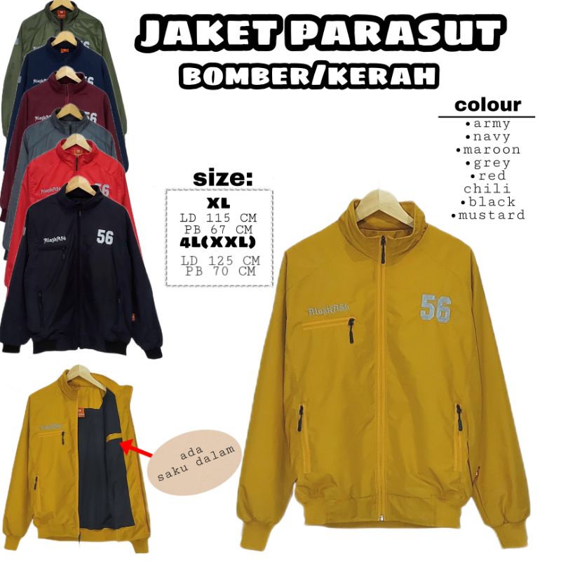 Jaket /BOMBER/parasut pria JUMBO/ada saku dalam/puring fleece/ld 115-125/outwear cowok/waterproof