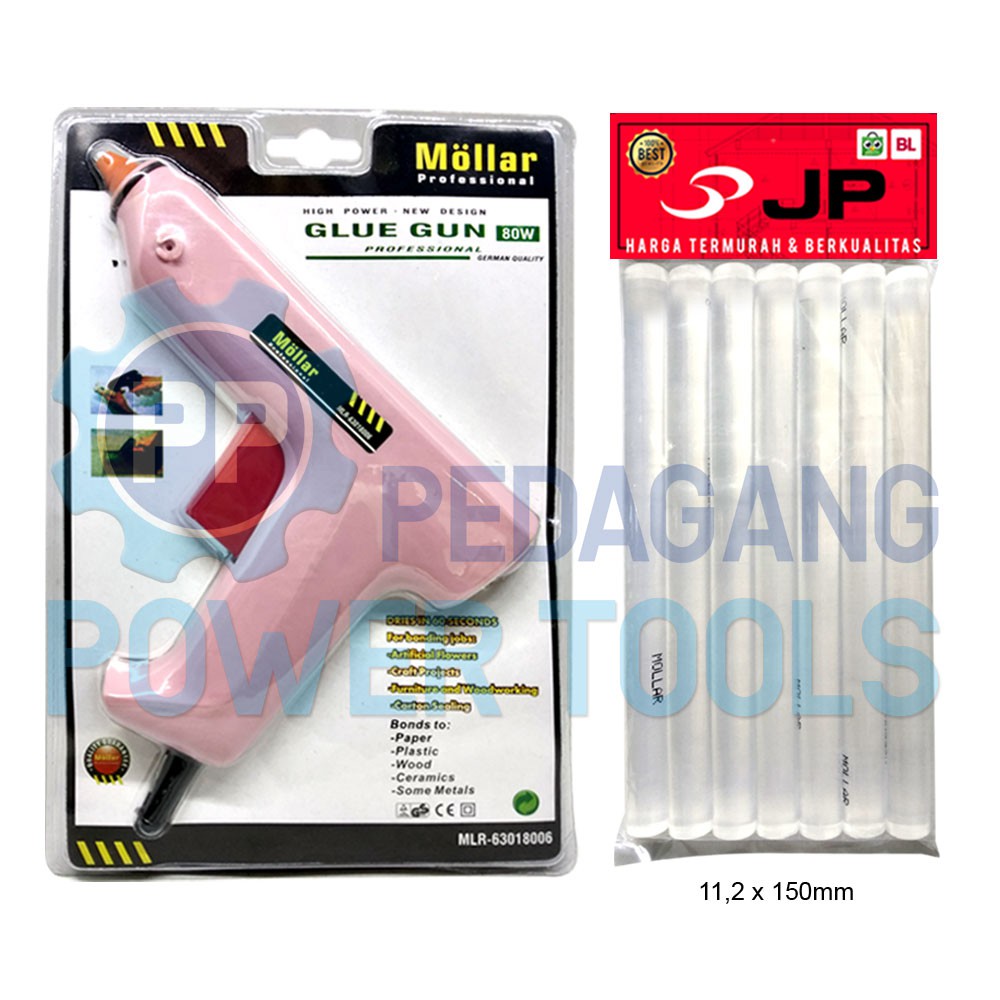 PAKET MOLLAR GLUE GUN 80 WATT PINK &amp; 7 PCS REFILL LEM TEMBAK BESAR