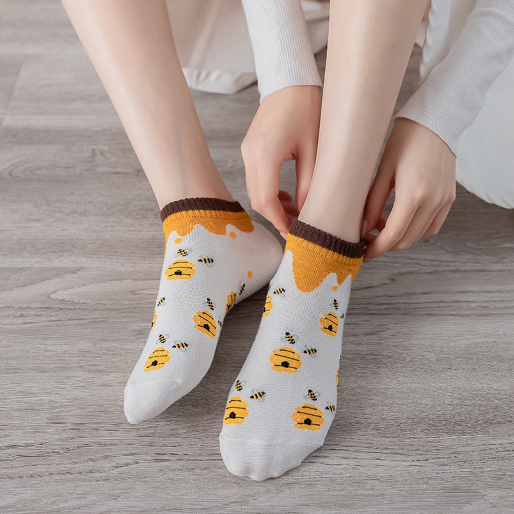 BRGUNIK Kaos Kaki Wanita Motif Bunga Lebah Bee Kuning Fashion Korea Women Sock Import KK002