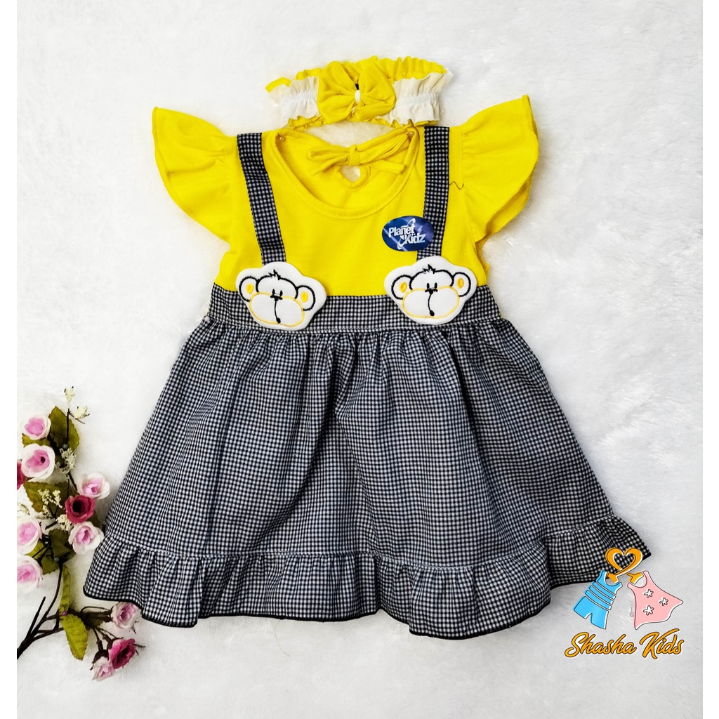 [S-01] Baju Bayi Perempuan/Dress Bayi  Perempuan Planet Kids monyet  Murah   0-6 bln Bonus BANDANA