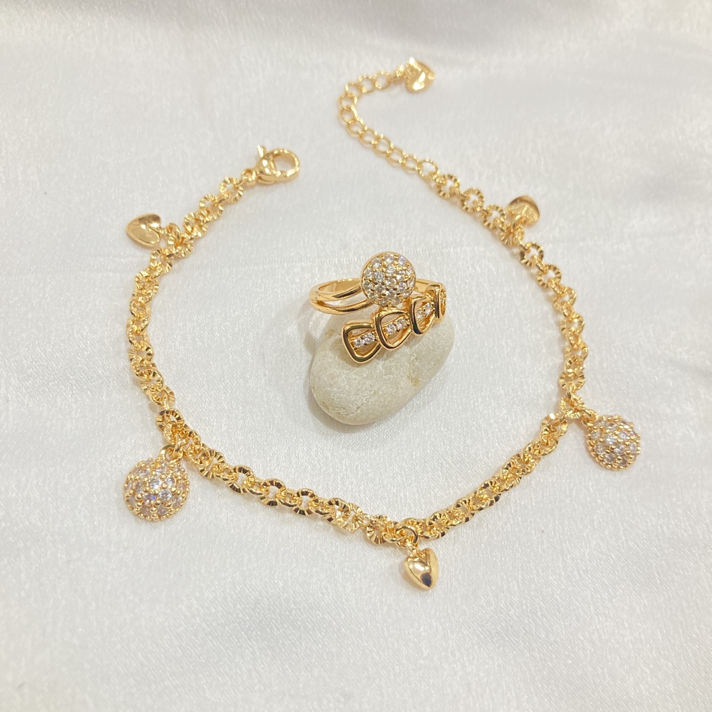 Set Perhiasan Motif Pentul Kalung Anting Gelang Cincin Lapis Emas
