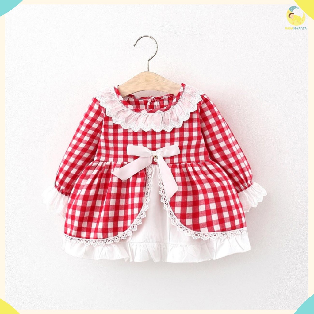 babylovanta DRESS BAYI 0-24 bulan MOTIF KOTAK  PITA MERAH &amp; HITAM Kualitas IMPORT / gaun bayi perempuan gaun pesta bayi baju bayi perempuan