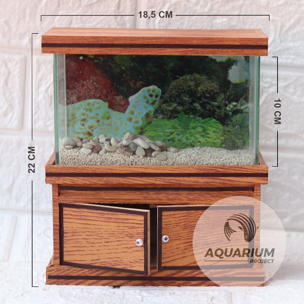 AQUARIUM MINI Motif Kayu Coklat Ikan Cupang atau Ikan Kecil  FULL SET & KABINET (free pasir atau bat