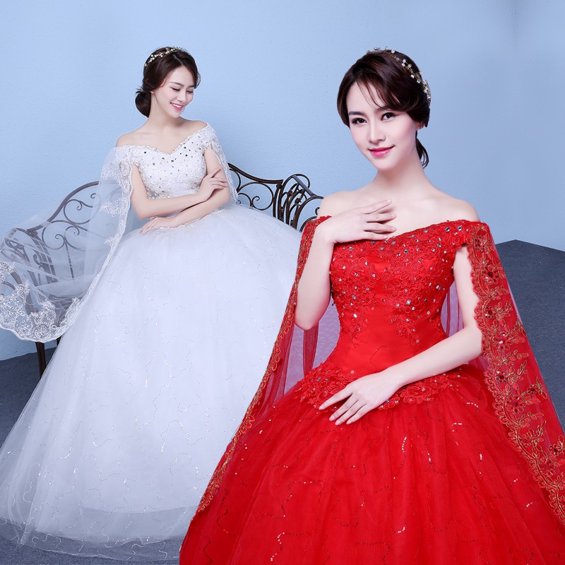 Putih Dan Merah Off Shoulder Women Wedding Dress Bridal Ball Gown Sabrina gaun pengantin