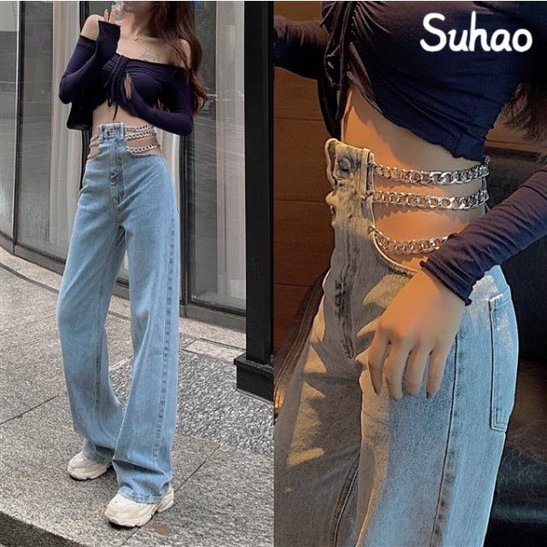 Suhao Sexy High Waist Jeans Musim Gugur Longgar Jeans Lebar Kaki Mengepel Celana Celana Rantai Jeans Celana Hollow