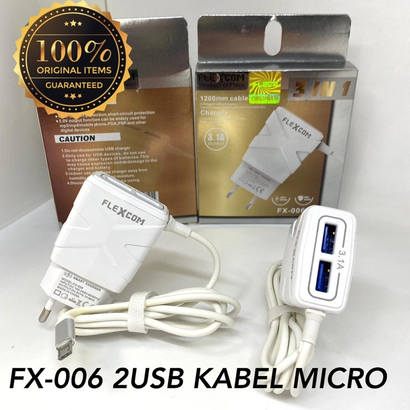 PROMO CHARGER FLEXCOM FX006 2USB PLUS KABEL MICRO ORIGINAL PRODUK SPONSORED BY FLECO