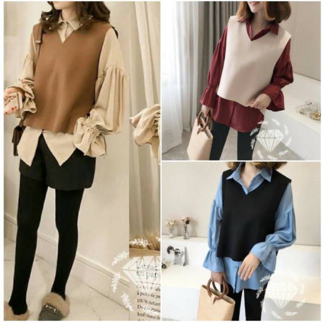 Airu Bayar COD SET OLIVIA TOP KEMEJA ROMPI 2in1 3 WARNA baju murah