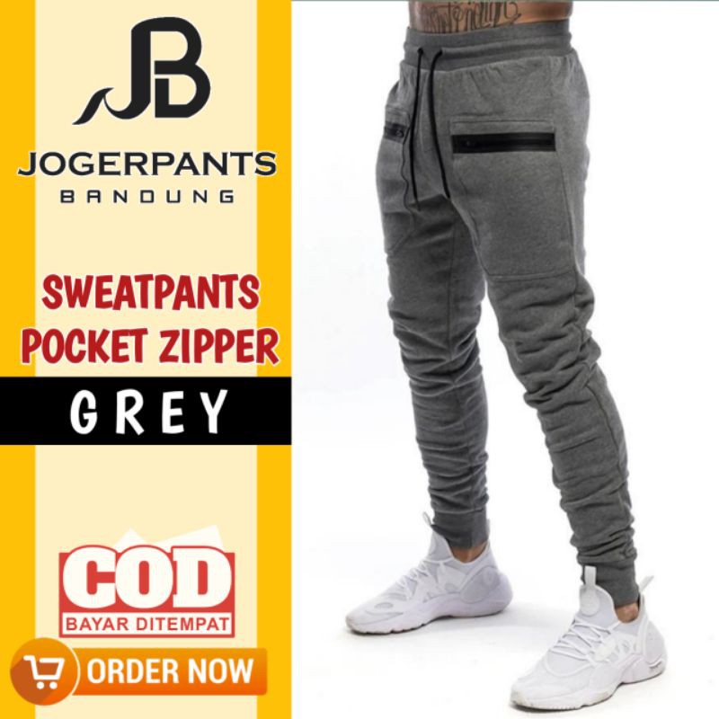 Celana Pria | Sweatpants Pocket Zipper Grey | training Olahraga | celana panjang pria | celana Joger