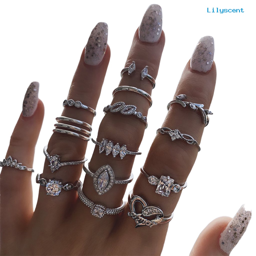 Ls 15Pcs / Set Cincin Susun Gaya Bohemia Hias Berlian Imitasi Untuk Wanita