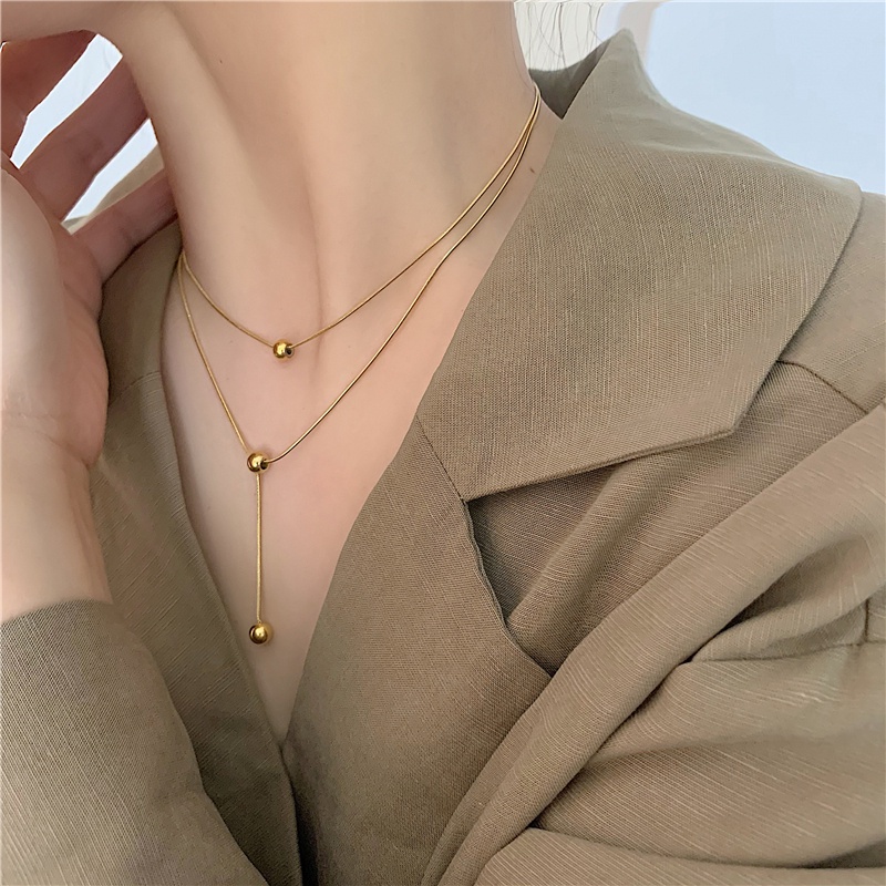 titanium kalung anti karat panjang Double Layer Hias Manik-Manik Bulat Kecil Gaya Korea Untuk Wanita