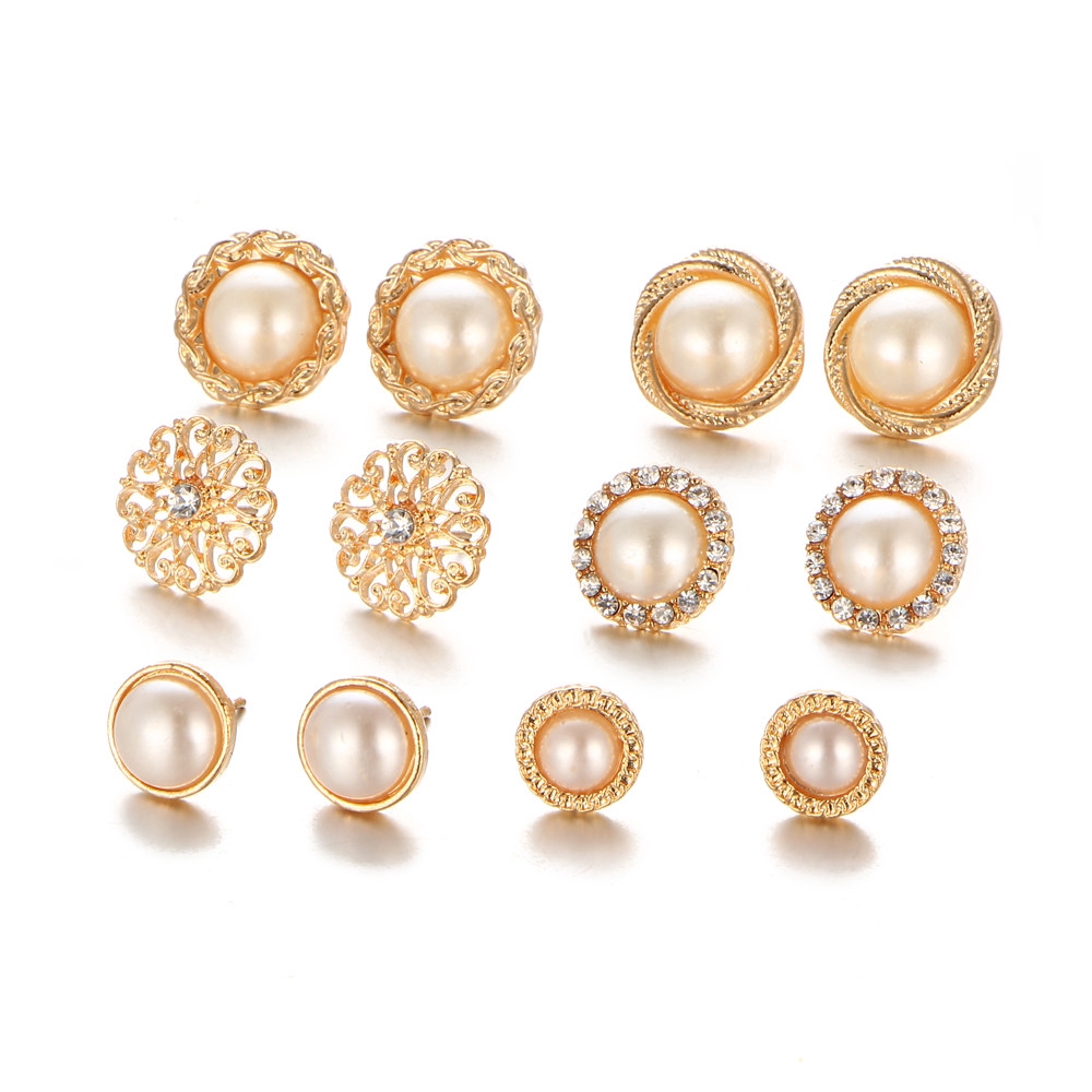 Simple Style Pearl Crystal Earrings Set Gold Fashion Luxury Round Stud Earring Women Accessories Gift