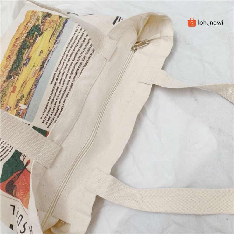 Korean Totebag Canvas Resleting Dan Saku Van Gogh Style Aesthetic Tebal Premium