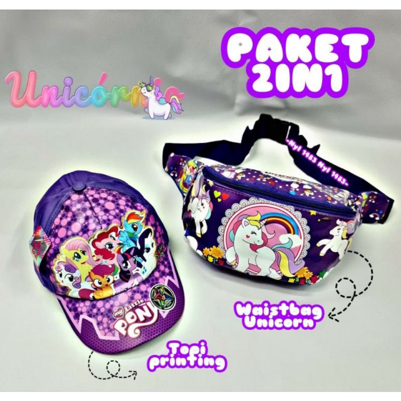 Paket 2in1 tas selempang bahu waistbag anak + topi full print motif kartun lucu