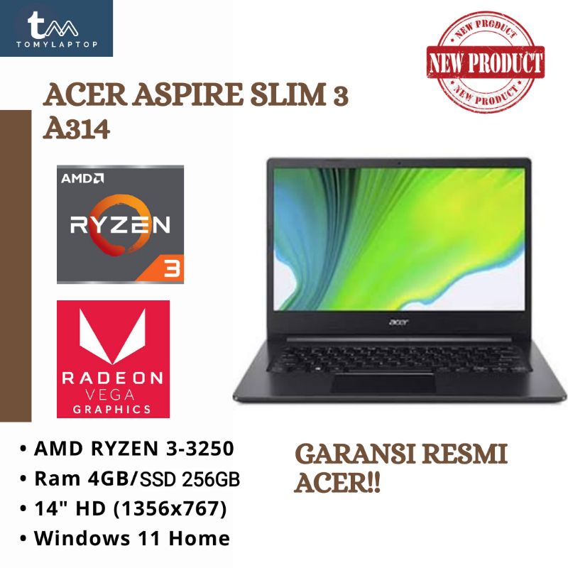 LAPTOP BARU ACER ASPIRE SLIM 3 A314-22 AMD RYZEN 3/RAM 4GB/SSD 256GB