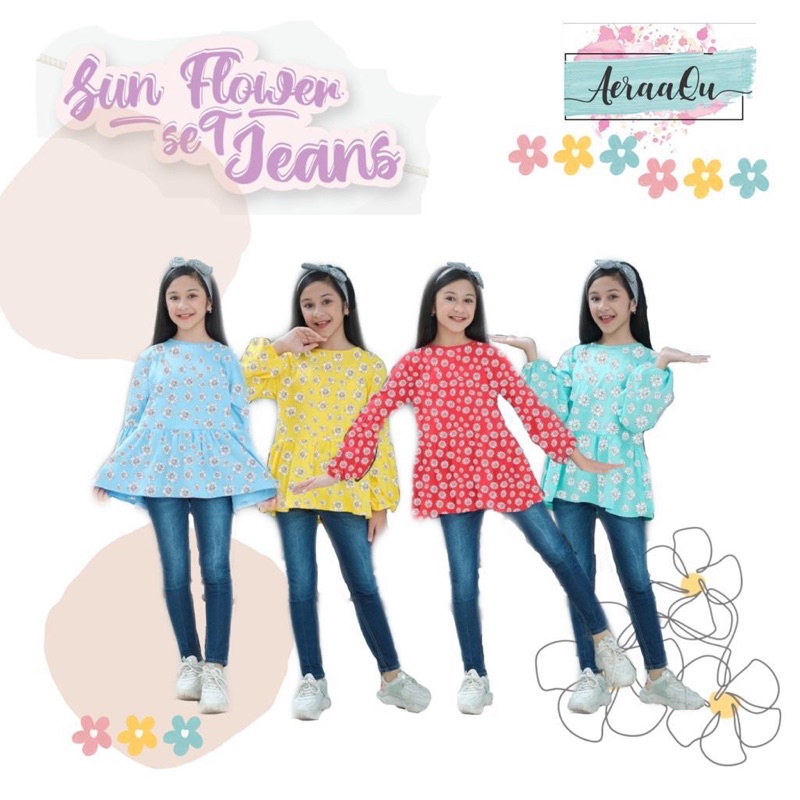 Setelan Anak Perempuan Remaja Rok dan Celana Jeans Sun flower Aeraaqu