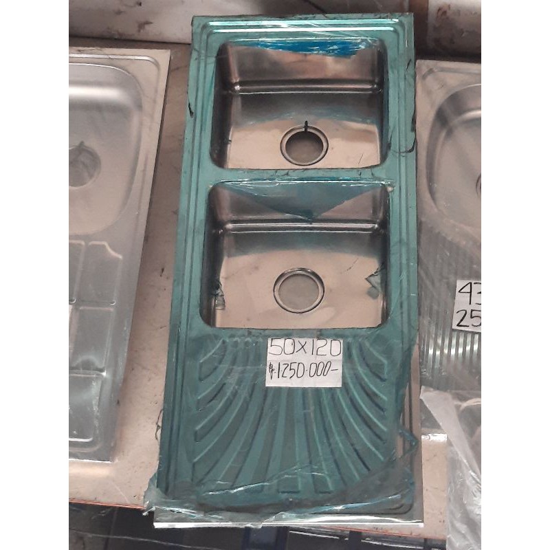 wastafel sink bak tempat cuci piring dapur stainless tebal 2 lubang meja 120 x 50