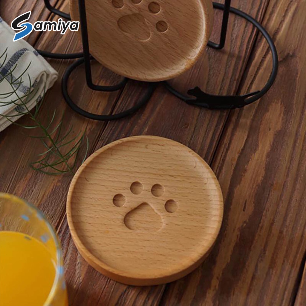 cat paw wooden coaster pad / coffee cup mat round soft wooden / alas tatakan cangkir gelas kayu