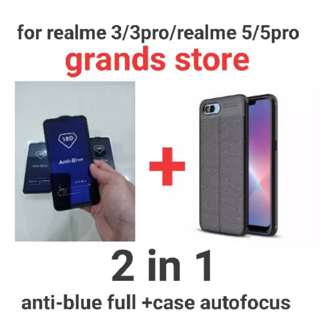 (2 in 1)Tempered glass Anti-blue full + case autofocus realme 3/3pro/5/5pro