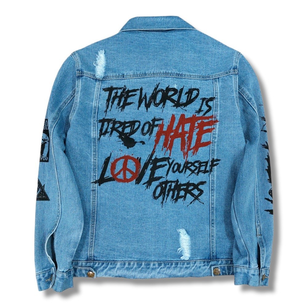 ROCAFELA Jaket Jeans Denim Grafity / Jaket Denim Coret / Jaket Jeans Sobek-Sobek