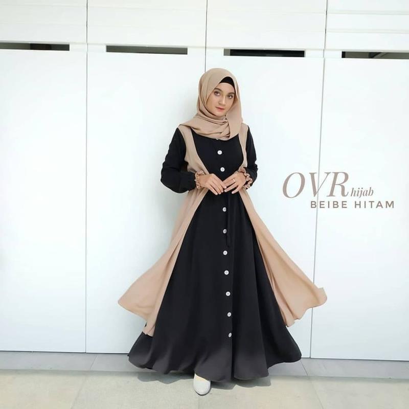 Gamis Wanita Hitam Remaja Terlaris Basic Rempel Termewah H5B9 Cewek Baju Lebaran Kerut Pinggang Busa