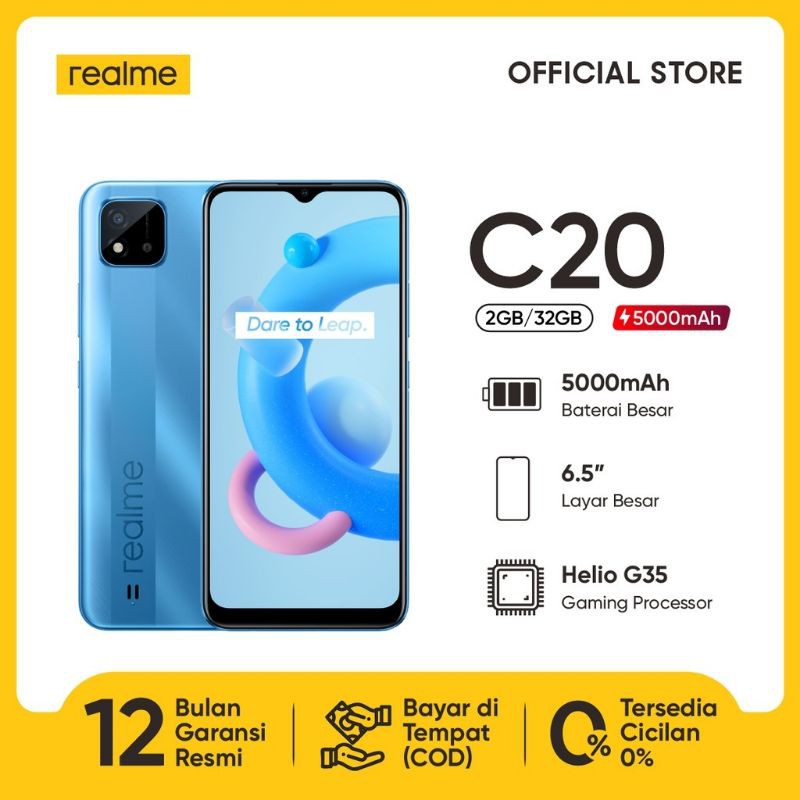 realme C20 2/32 GB [5000 mAh, 6.5" Large Display, Helio G35 Gaming Processor] Garansi Resmi