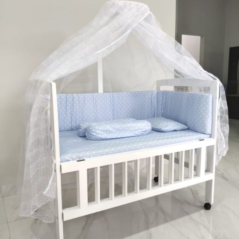 Box baby tempat tidur bayi kayu bumper set &amp; kelambu