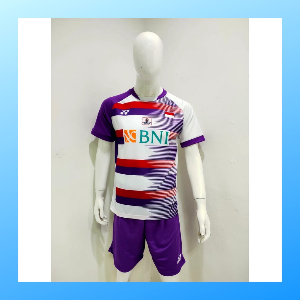 Kaos badminton pria jersey bulutangkis baju dan celana setelan wanita dewasa t-shirt outfit seragam jarsey kostum olahraga pakaian apparel sport jersy bulu tangkis casual jersi sudirman cup suit Y167 putih sponsor