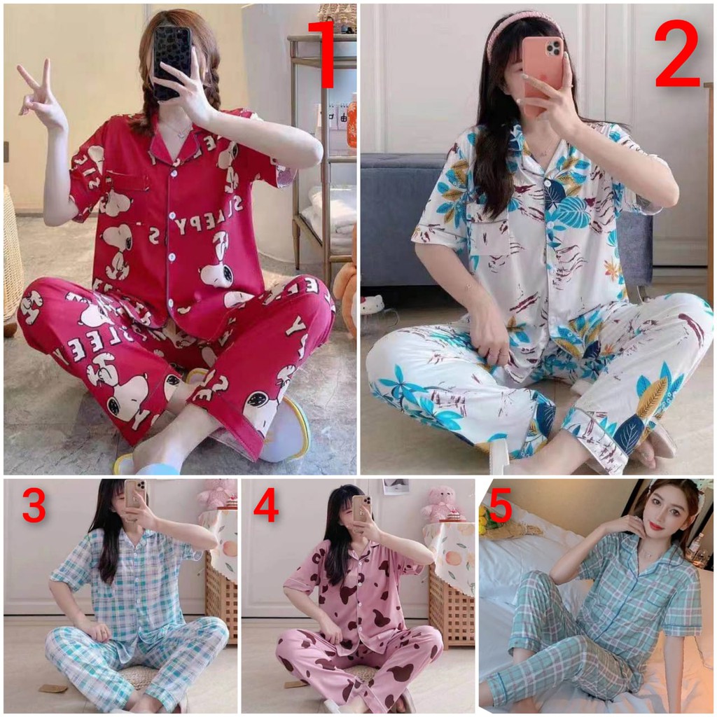 BAJU TIDUR PIYAMA PEREMPUAN CP SPANDEX IMPORT BERKUALITAS MOTIF KRAH KANCING LENGAN PENDEK SETELAN CELANA PANJANG ALLSIZE FIT TO 75KG