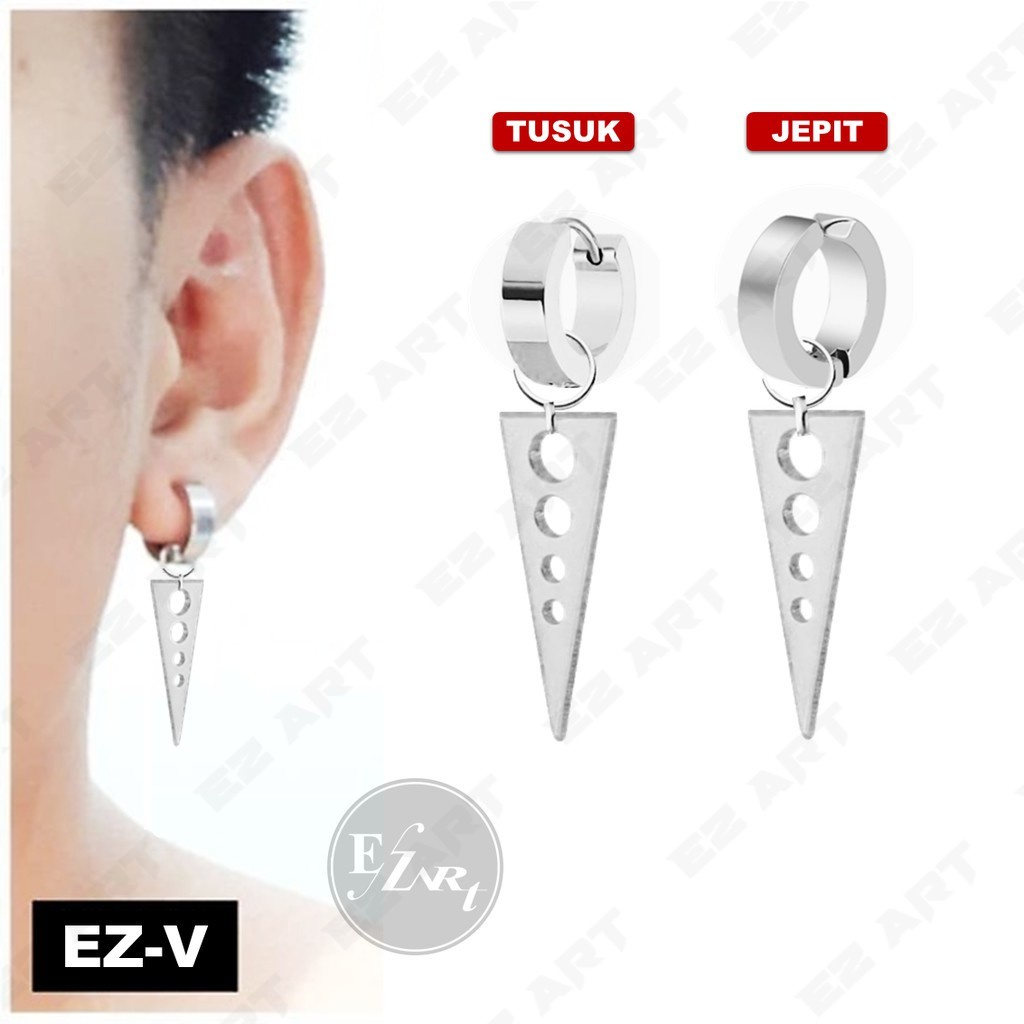 1Pc Model EZ-V Silver Anting Jepit Tusuk Variasi Bandul Gaya Punk Korea KPOP Stainless Steel