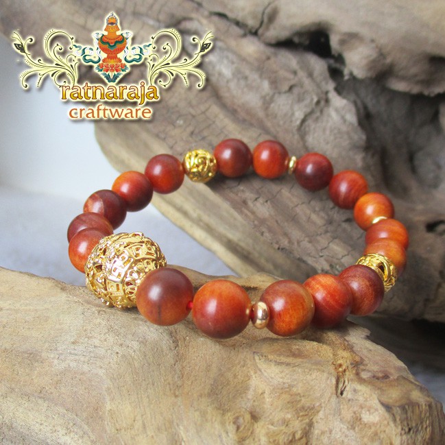 Gelang kayu 8 mm Agatis with Gold Naga Ornament