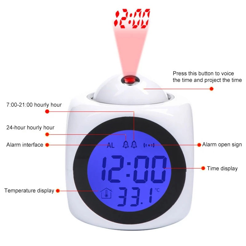 [LED Projector Temperature Digital Alarm Clock] [Creative Digital Projector Office Home Desk Alarm Clock] [USB Charger Square Desktop Table Clock]