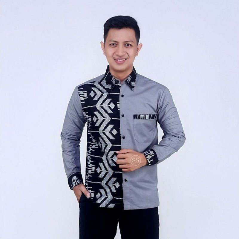 Kemeja Batik Kombinasi Prada ZigZag Silver Lengan Panjang