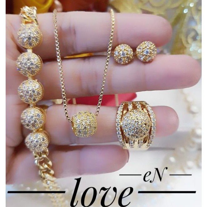 (AGS) Set Perhiasan Lapis Emas Xuping Gelang Cincin Kalung Anting Permata Bulat Gold Titanium Asli