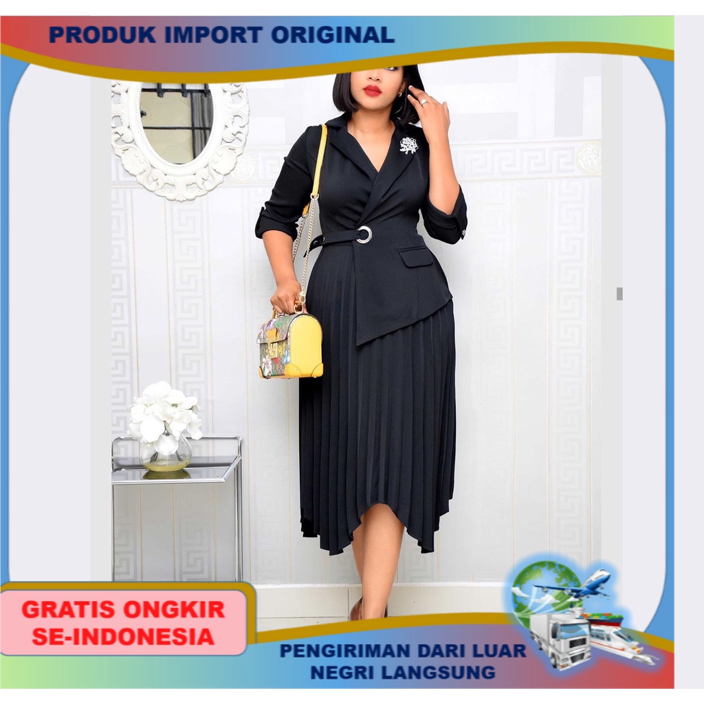 IMPORT style baju Eropa Amerika Wanita Afrika Pakaian Suit Gaun Lipit Pinggang langsing gaun perempu