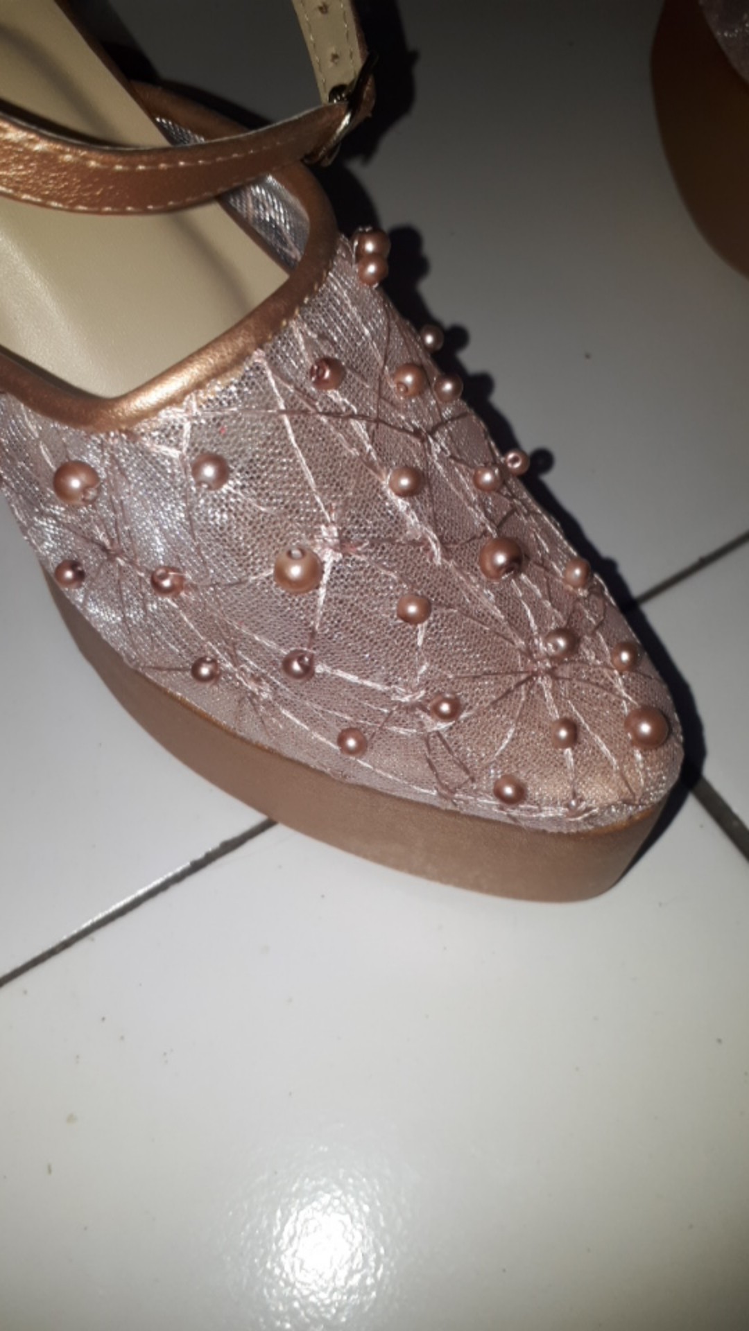 Sepatu Purri Rosegold Abstrak Lace Mutiara Tabut Tinggi 12cm