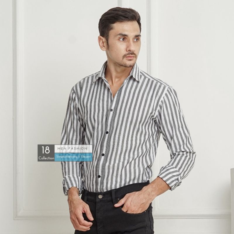 [Bisa COD] Kemeja Lengan Panjang Slimfit Motif Stripe